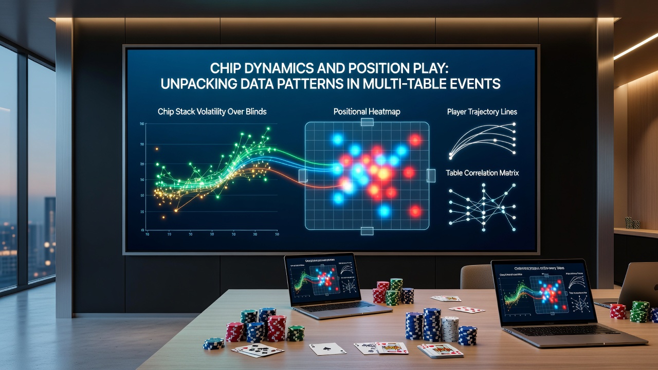 Detailed view of tournament chip stacks and player positions at a poker table during late stages