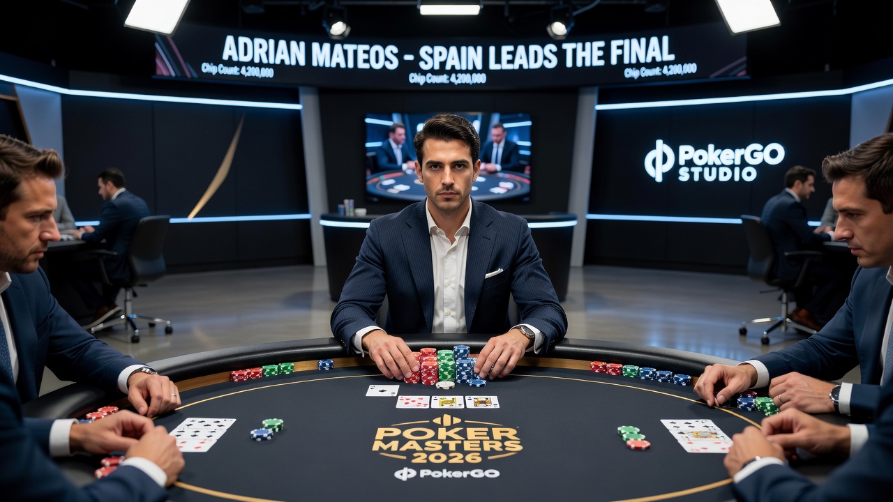 Final five players at the 2026 Poker Masters Event 2 preparing for Day 2 resumption at the PokerGO Studio