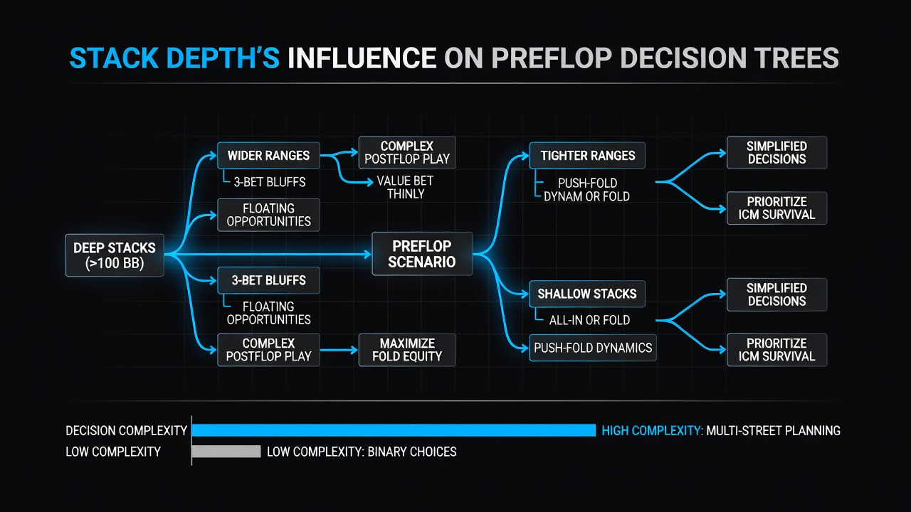 Comparison chart of preflop action frequencies across different stack depths